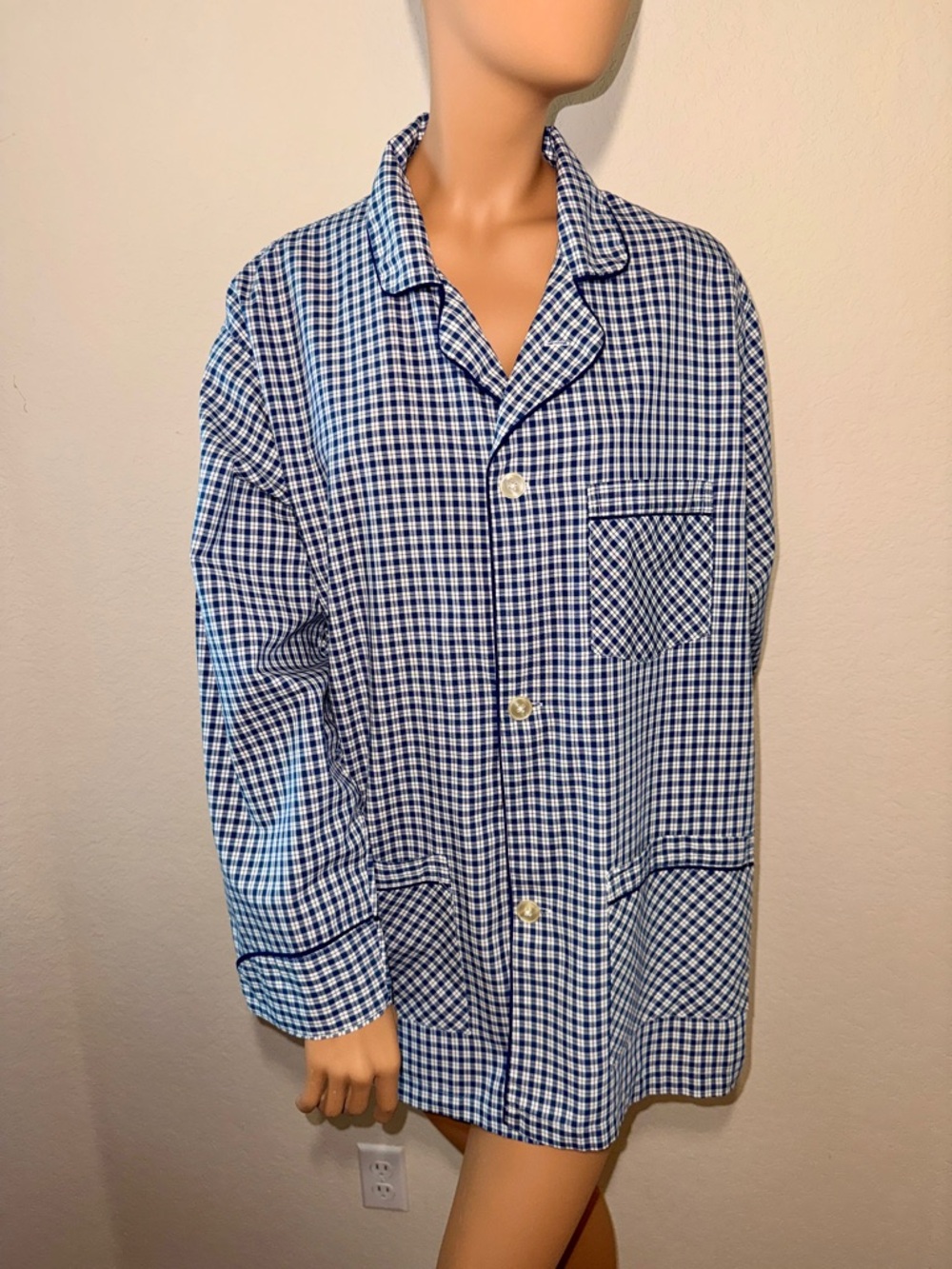 Vintage Christian Dior Pajama Top XL Blue Check Button Front Sleepwear Shirt